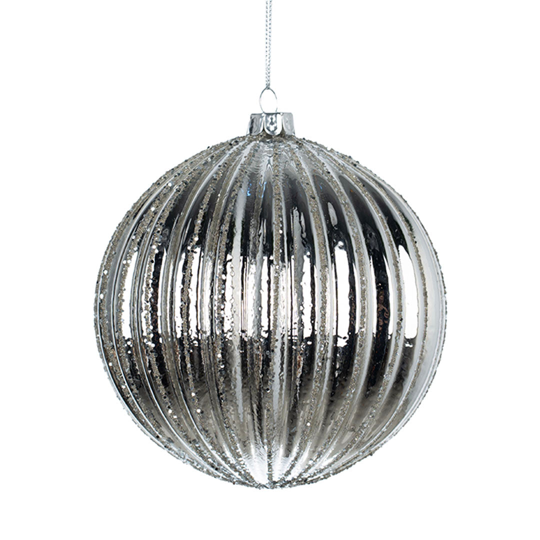 Silver Mirror Ribbed Ball Ornament