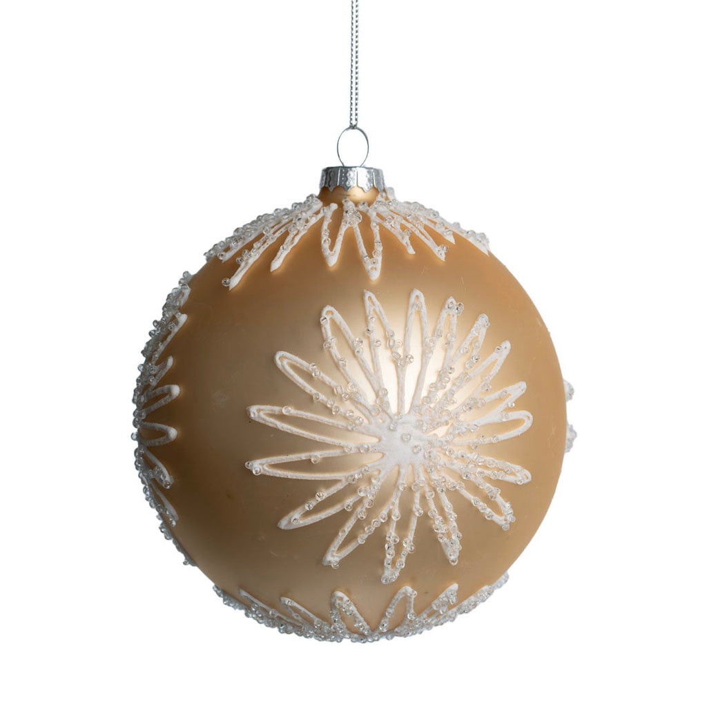 Matte Champagne Ball Ornament with White Glitter Blooms