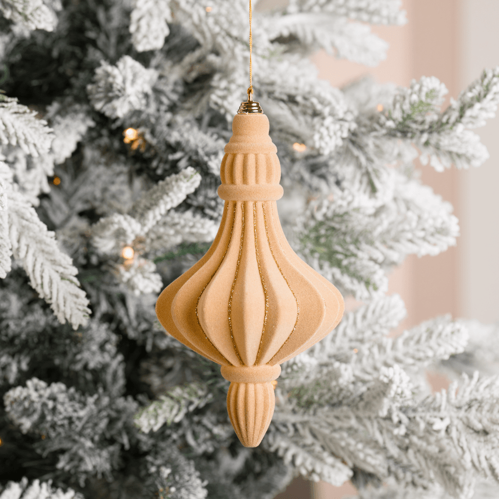 Beige Flocked Chandelier with Gold Glitter Stripes Ornament 8.5"