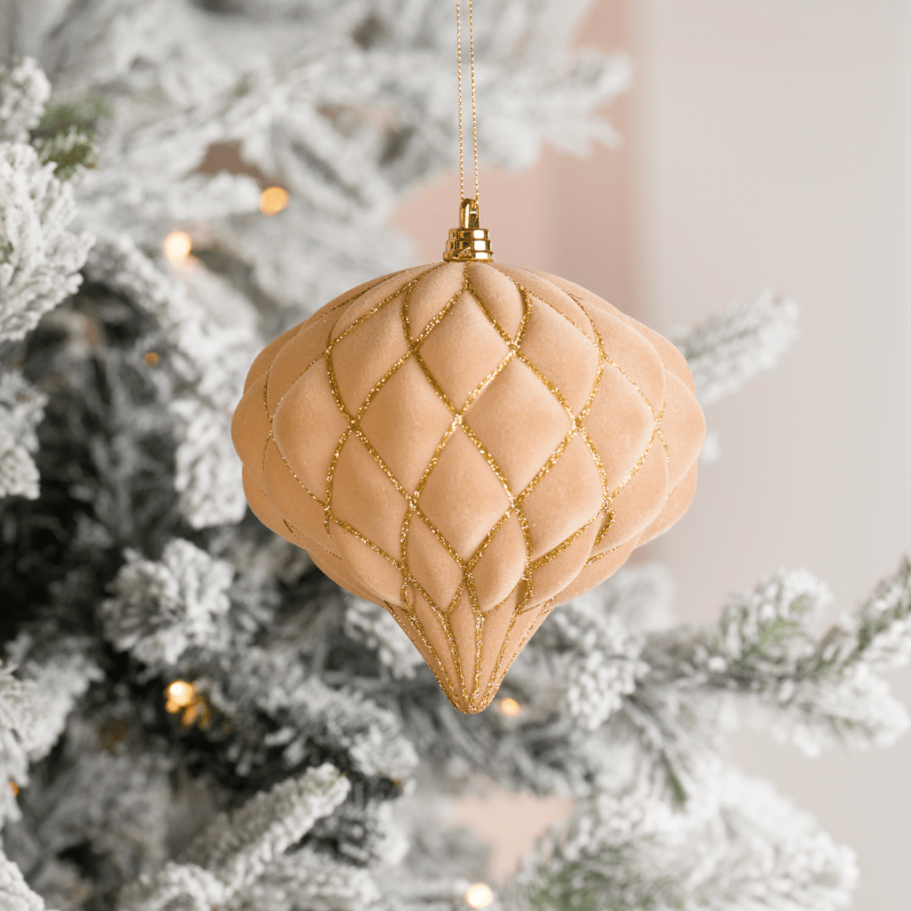 Beige Flocked Onion Ball Ornament with Gold Glitter Net 6"