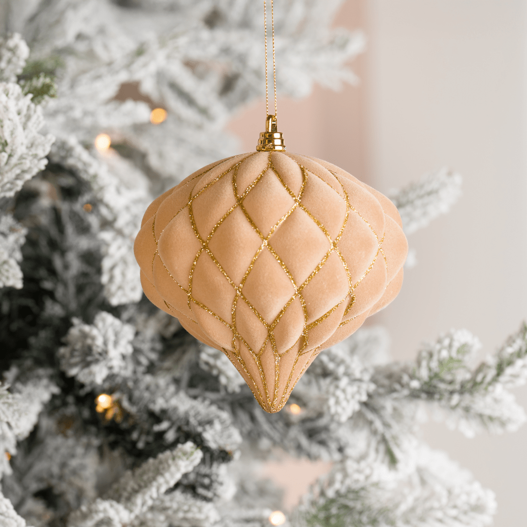 Beige Flocked Onion Ball Ornament with Gold Glitter Net 6"