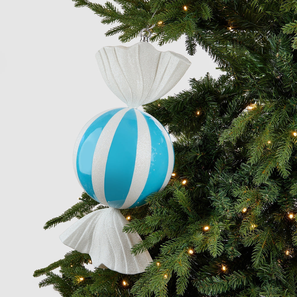 Blue Candy Ornament With White Stripes