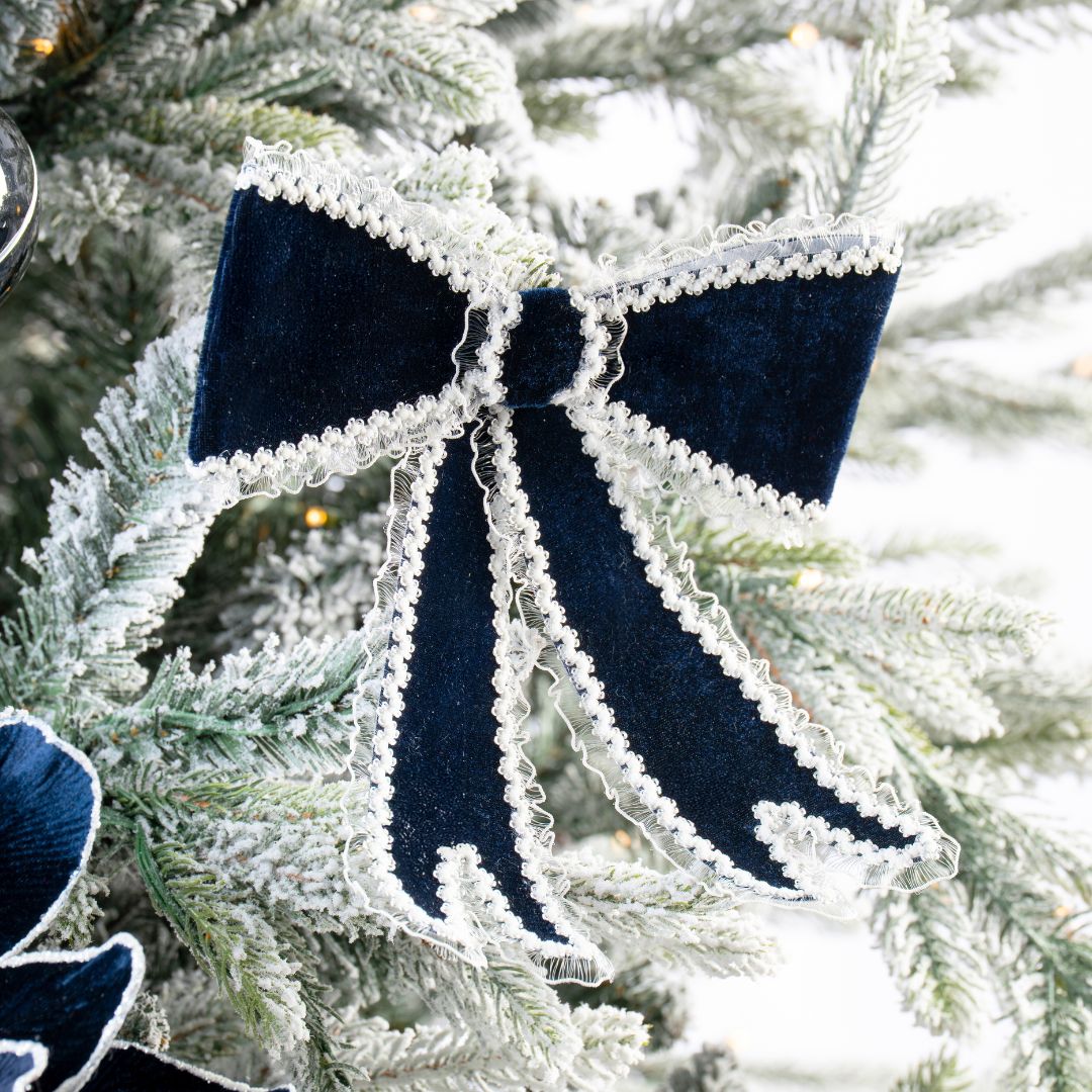 Blue Velvet Bow With White Lace Lining