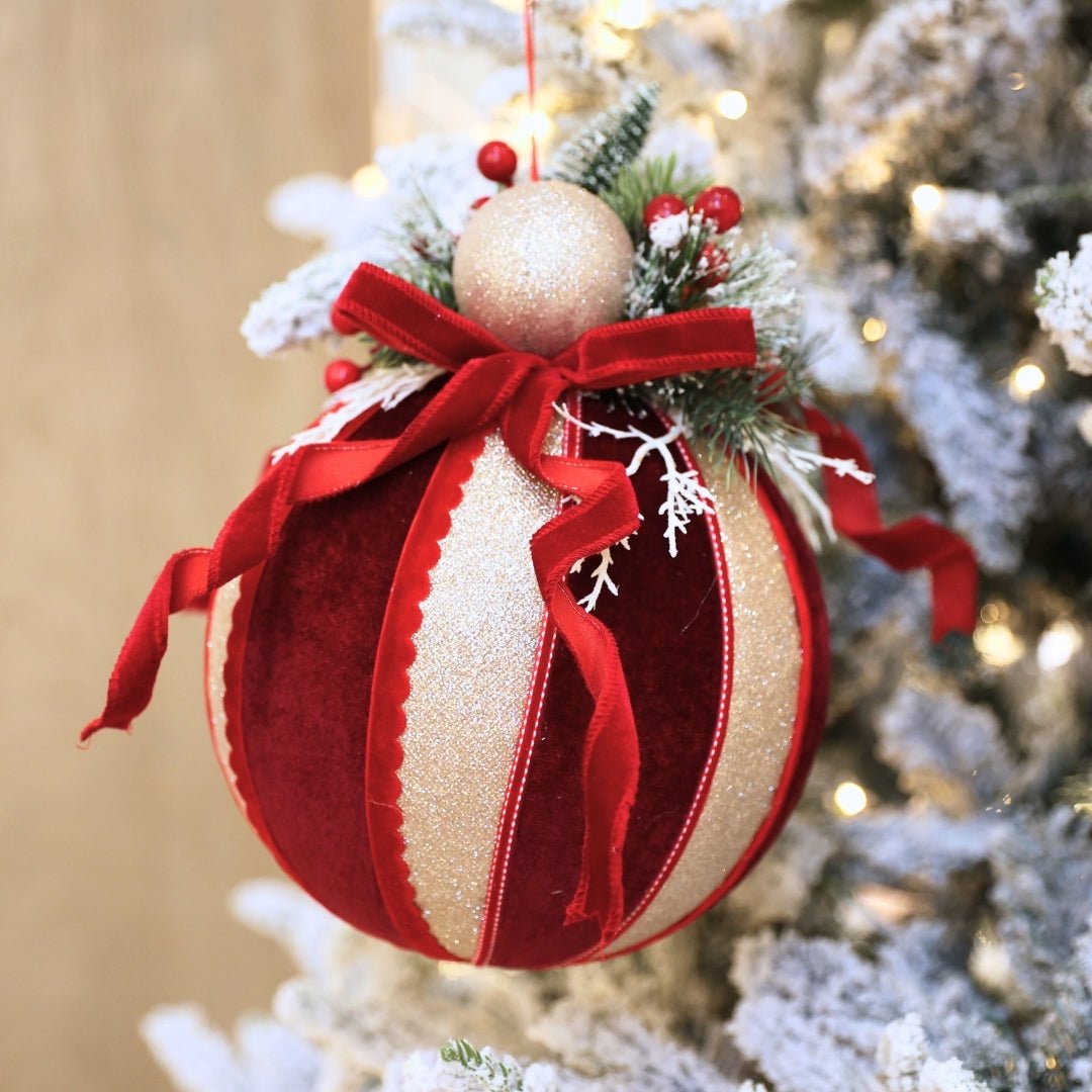 Burgundy & Champagne Ball Ornament With Bow & Foliage