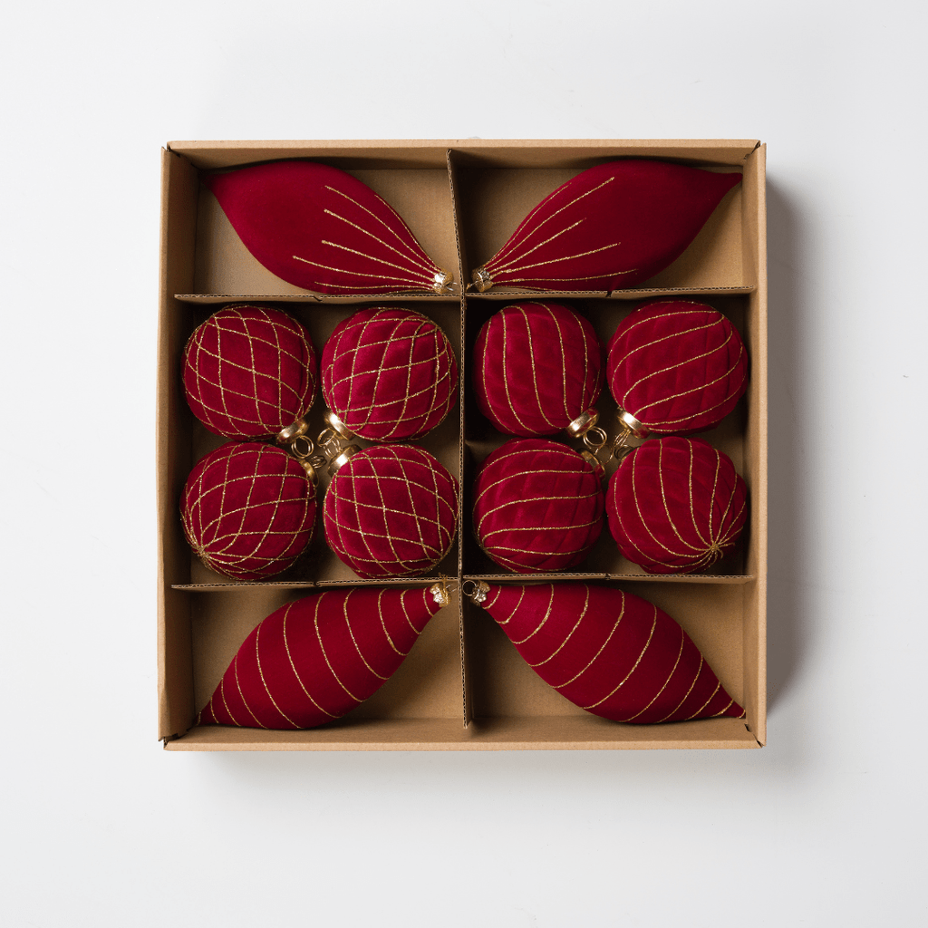 Burgundy Flocked Shatterproof 12-Piece Ornament Set