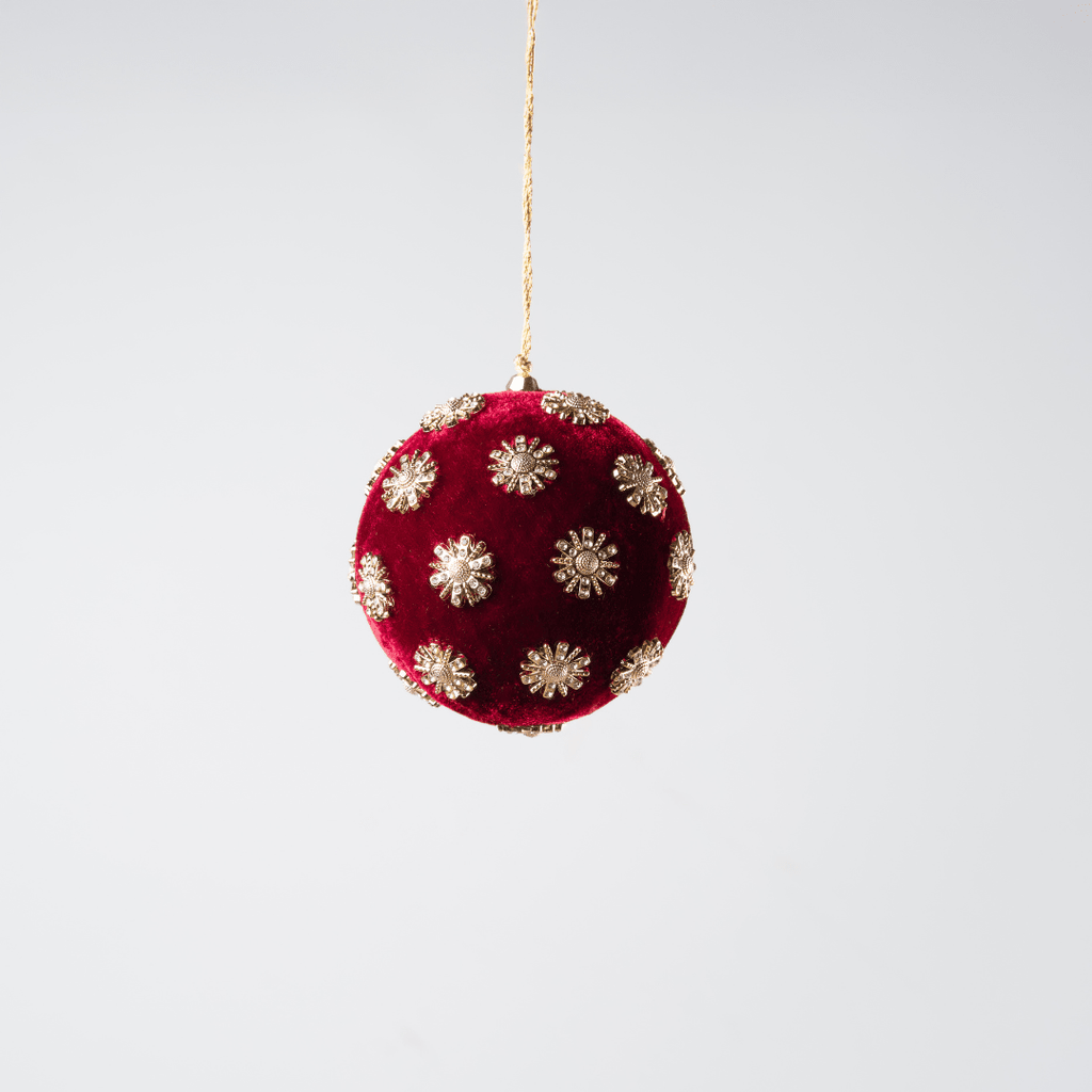 Burgundy Sunflower Rhinestone Velvet 4" Ball Ornament