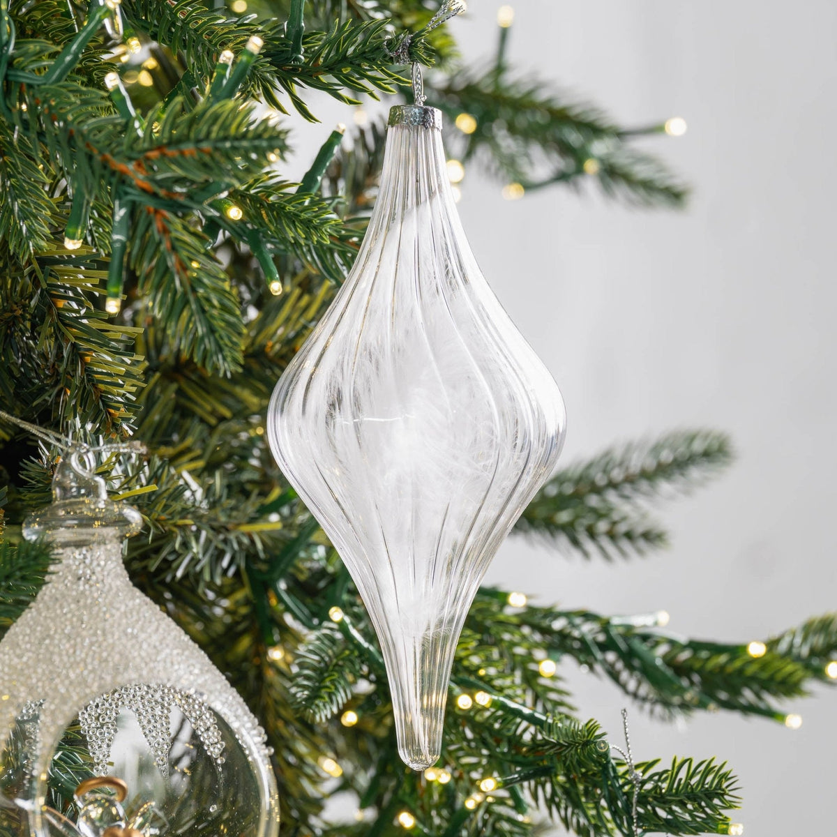 Clear Glass Finial Ornament with Feather