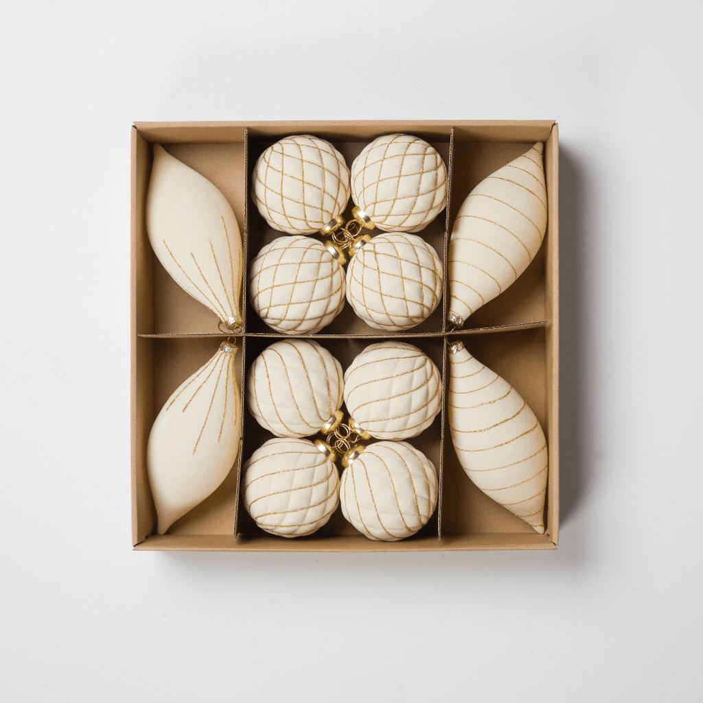 Cream Flocked Shatterproof 12-Piece Ornament Set