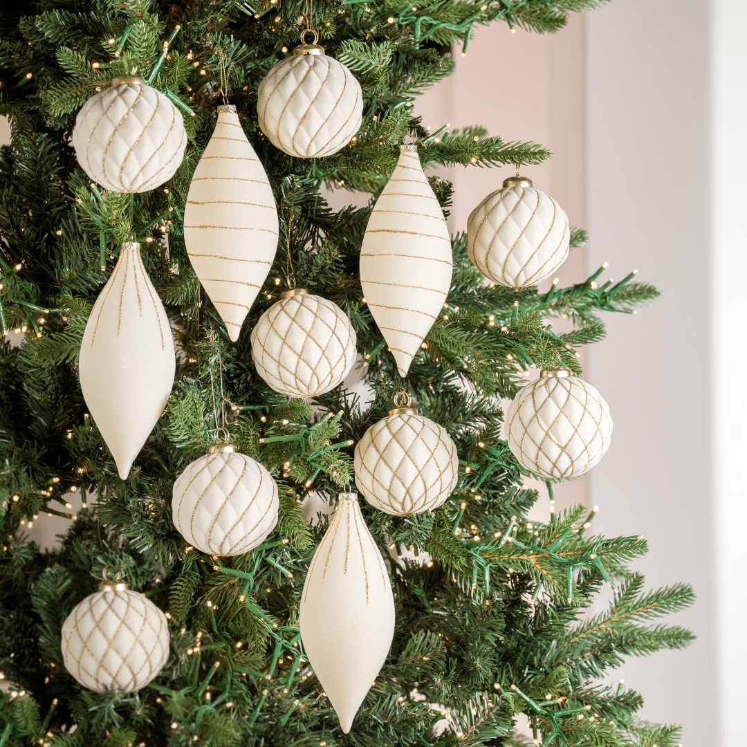 Cream Flocked Shatterproof 12-Piece Ornament Set