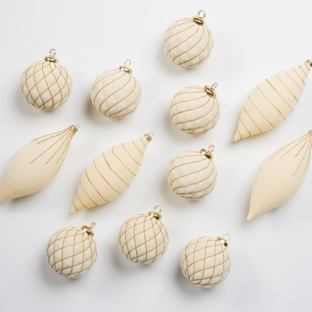 Cream Flocked Shatterproof 12-Piece Ornament Set