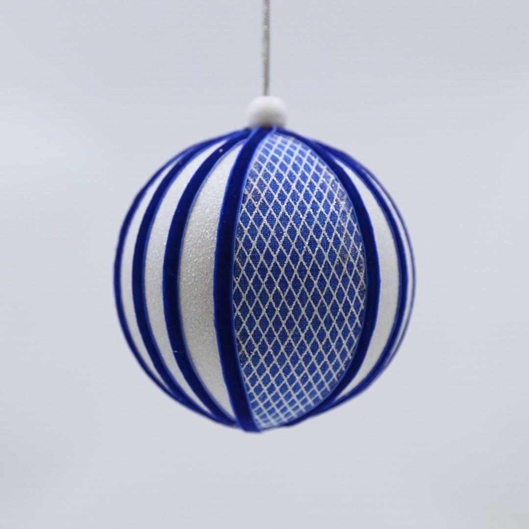 Cross Textured Blue & White Velvet Ball Ornament