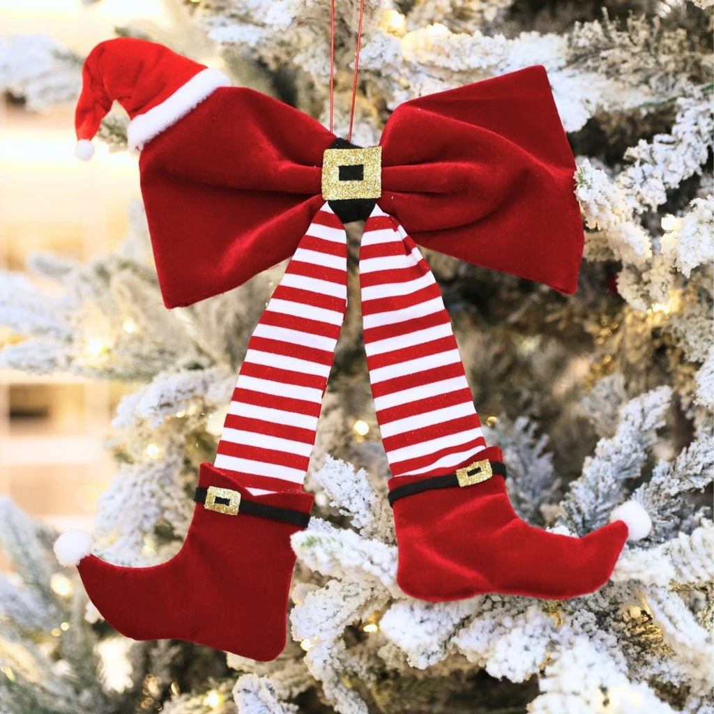 Elf Boots Bow Ornament With Santa Hat