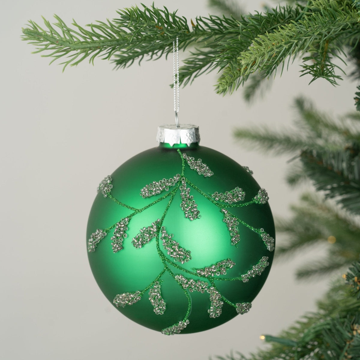 Green Ball Ornament with Beaded Leaf Motif