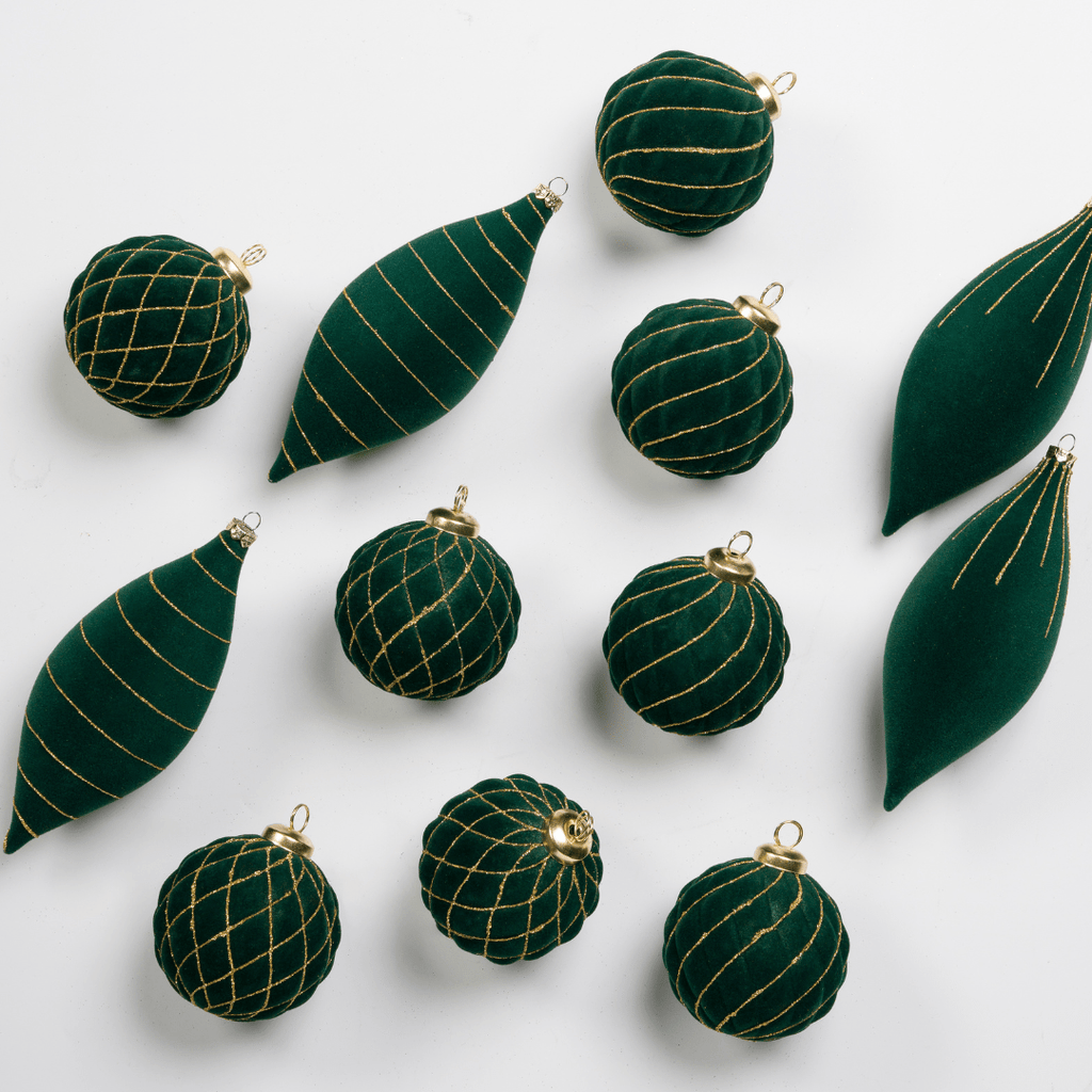 Green Flocked Shatterproof 12-Piece Ornament Set