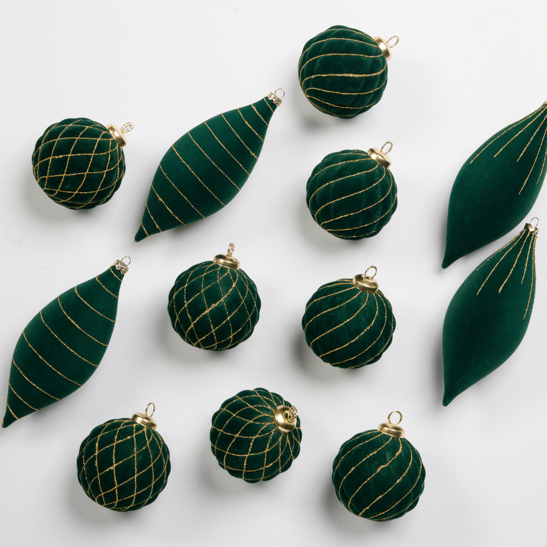 Green Flocked Shatterproof 12-Piece Ornament Set