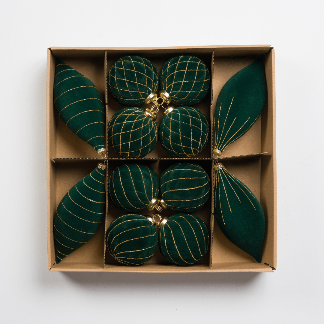 Green Flocked Shatterproof 12-Piece Ornament Set