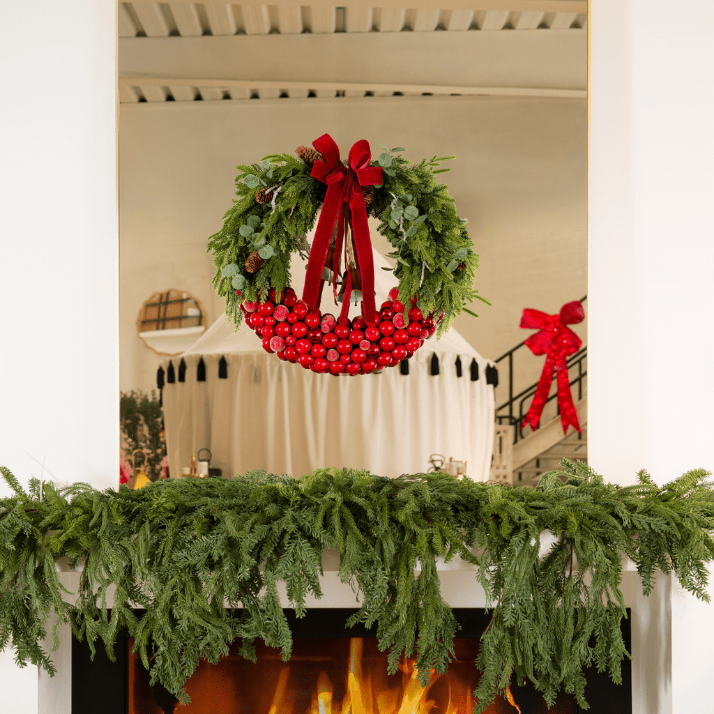 Green Red Botanical Wreath with Bow Detail