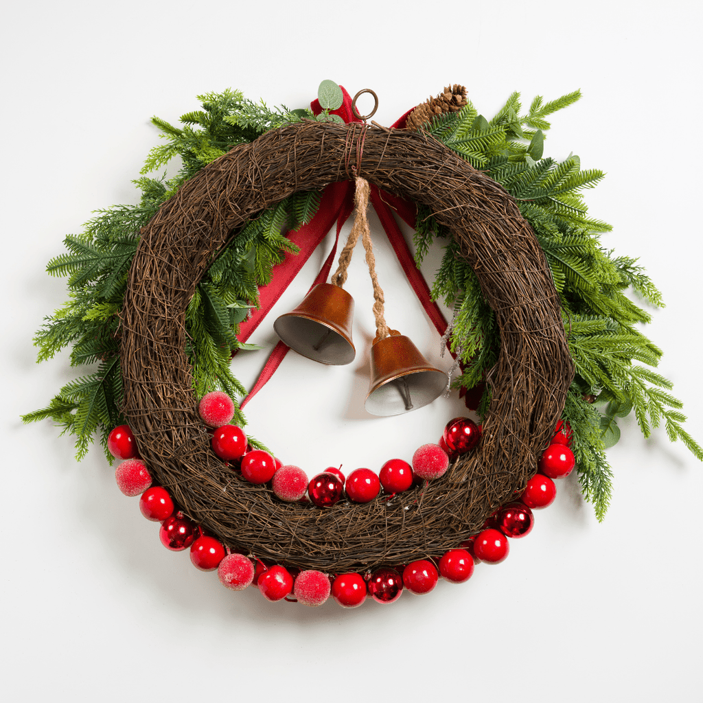 Green Red Botanical Wreath with Bow Detail