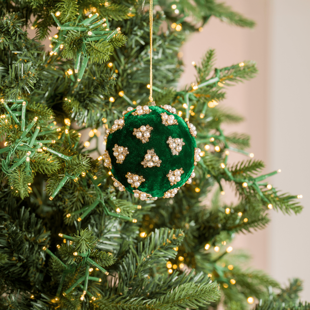 Green Velvet Ball Ornament with Flower Pearl Rhinestones