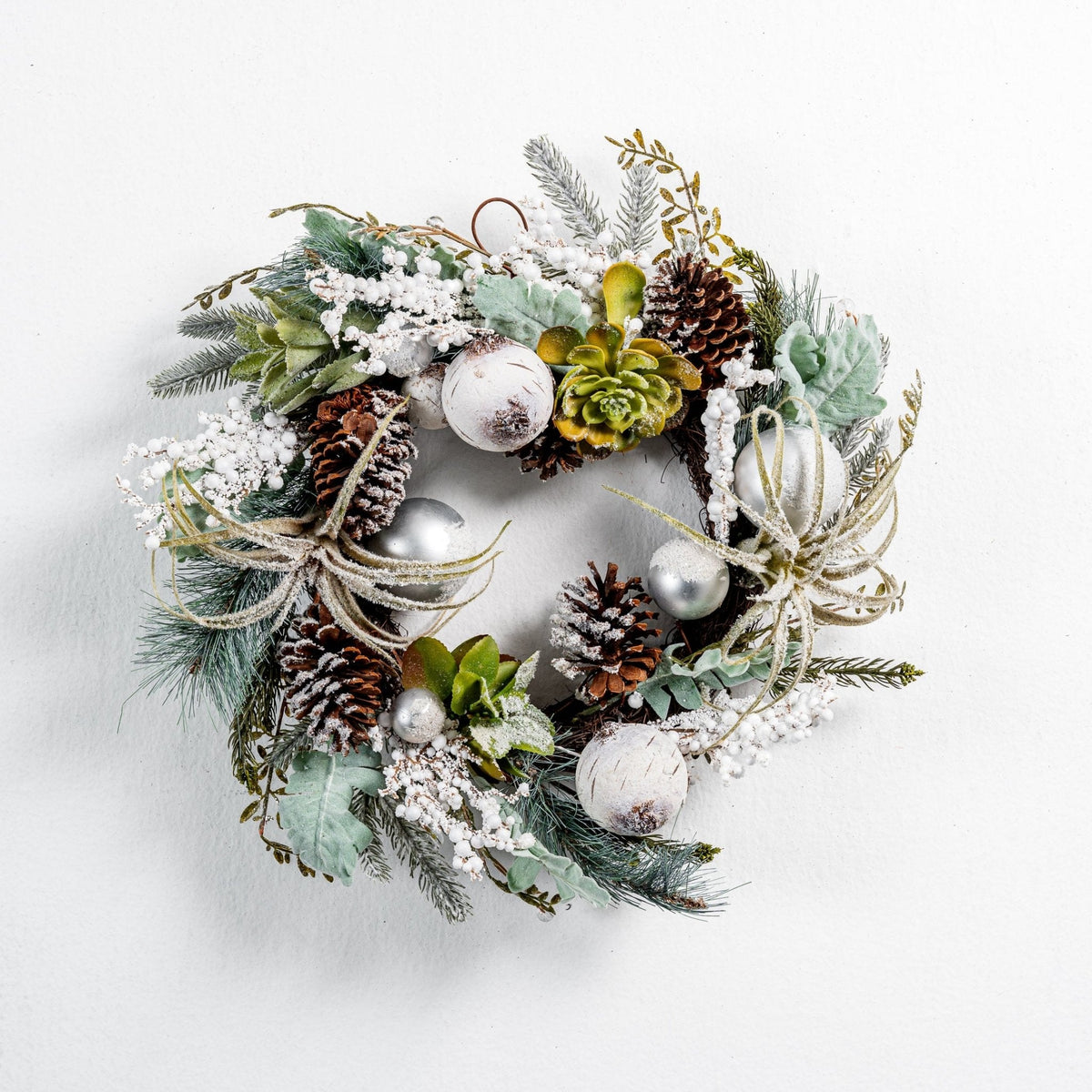 Green Wreath with Pinecones and Succulents