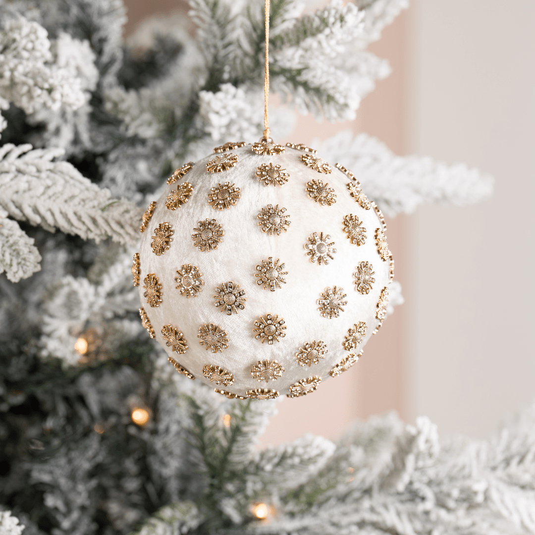 Ivory Sunflower Rhinestone Velvet 6" Ball Ornament