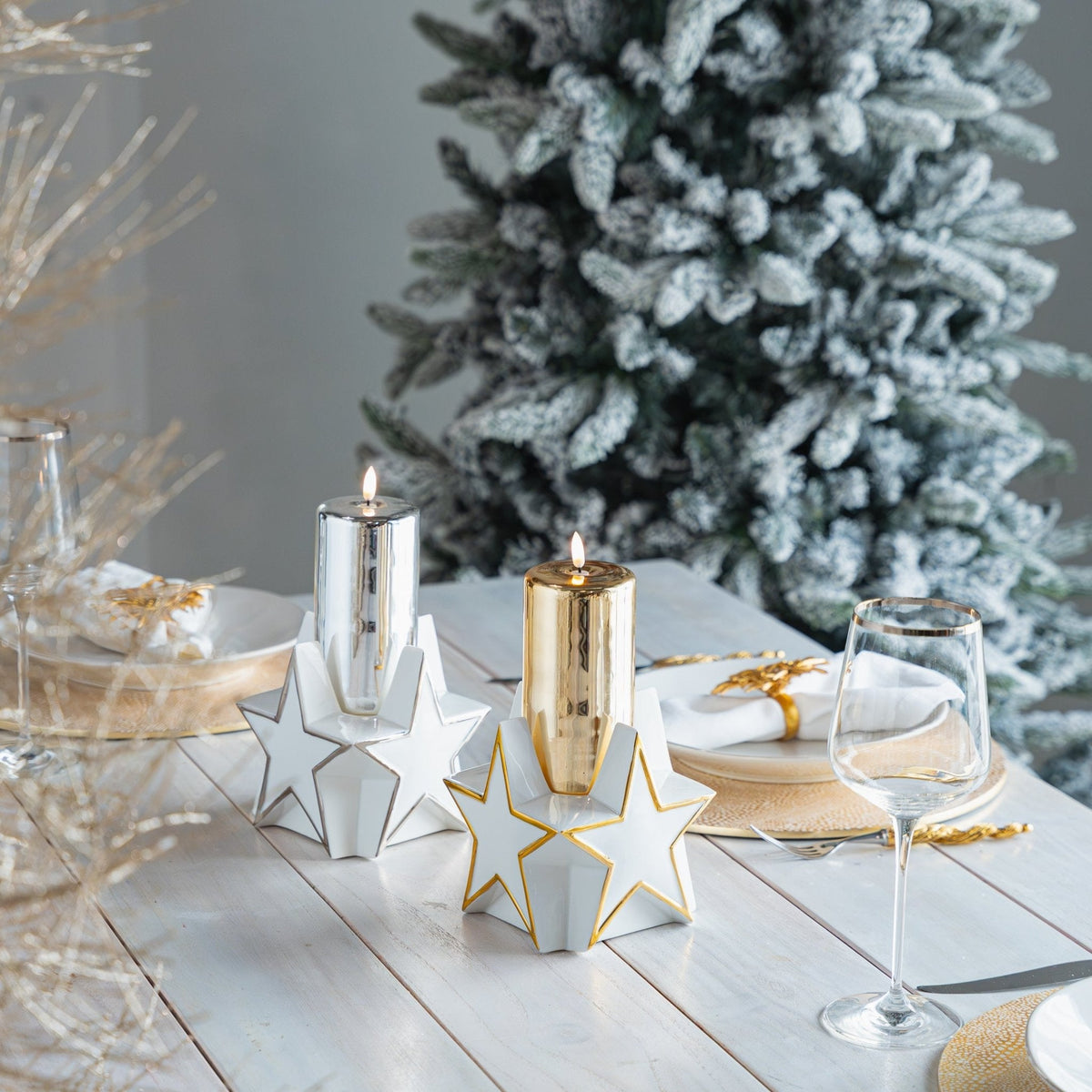 LED 6" Gold Glass Pillar with Glazed Porcelain Star Base