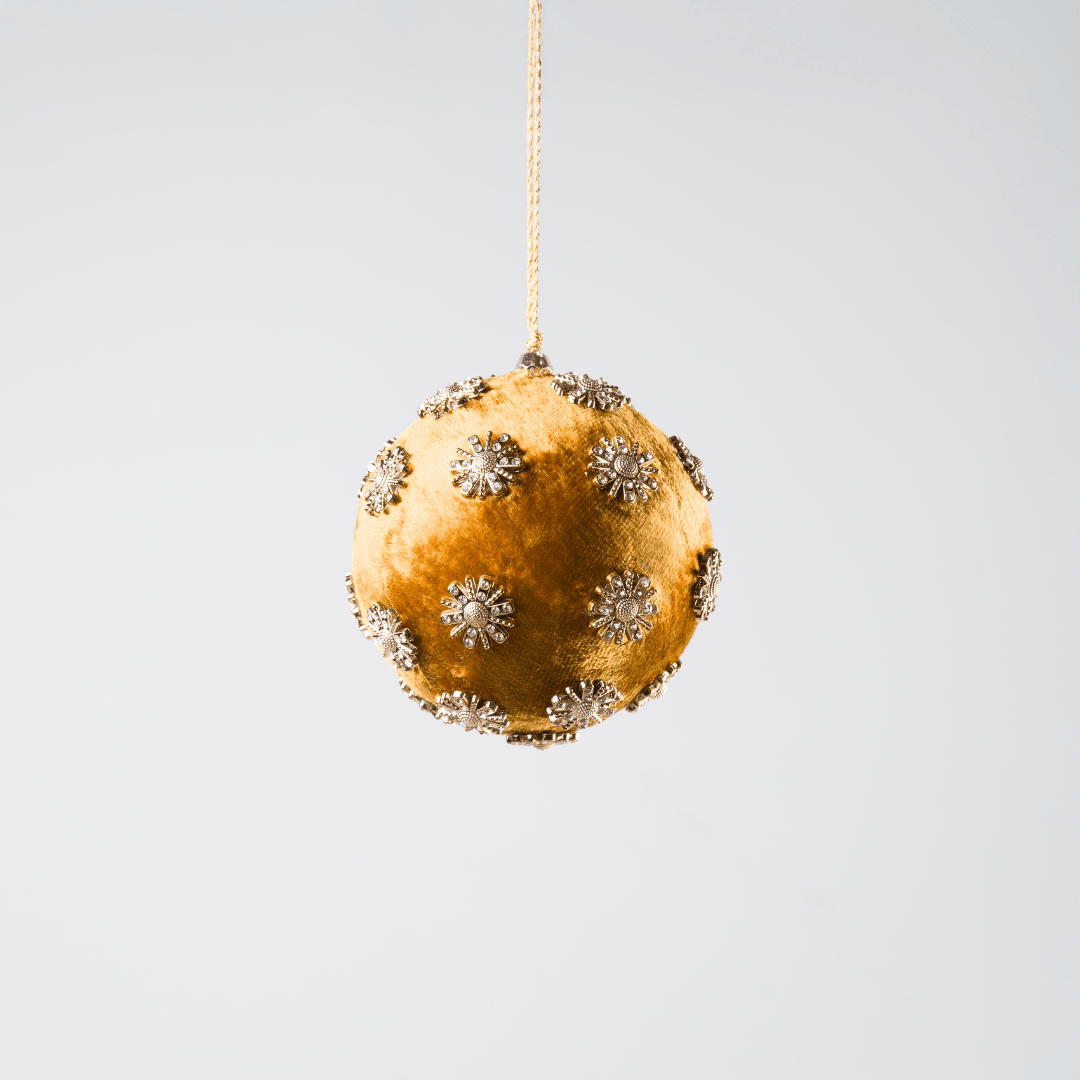 Mustard Sunflower Rhinestone Velvet 4" Ball Ornament