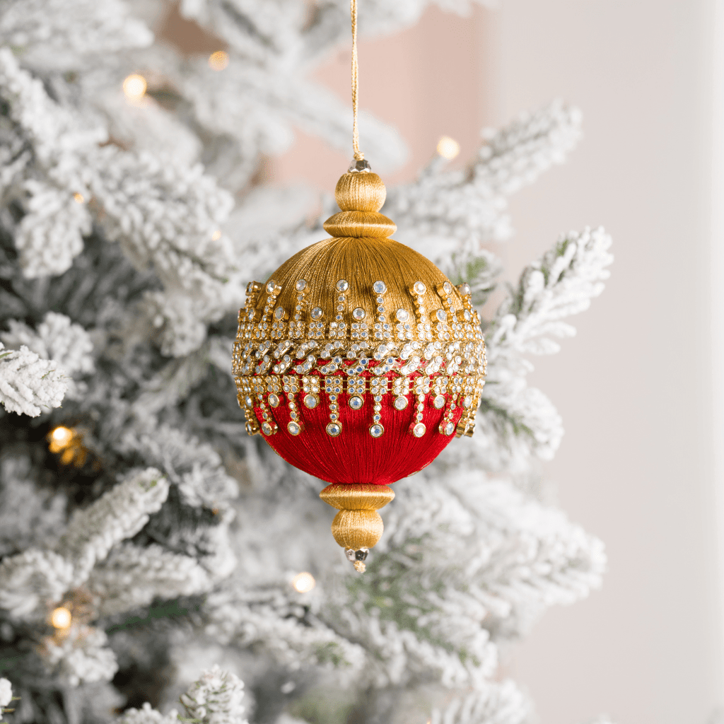 Red Embellished Round Ornament with Gold Thread Detail