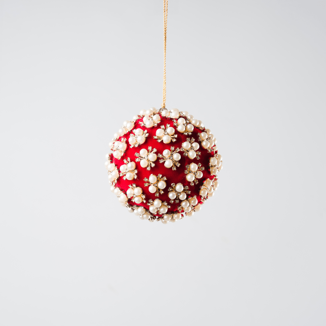 Red Pearl & Rhinestone Velvet Ornament 4"