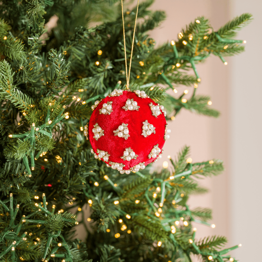 Red Velvet Ball Ornament with Flower Pearl Rhinestones