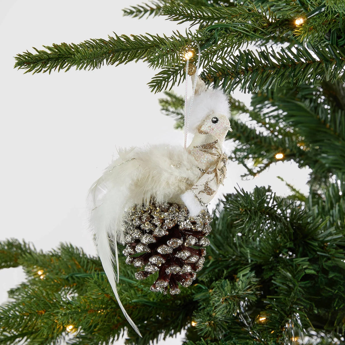 Rustic Bird On Pinecone Ornament With Platinum Glitter
