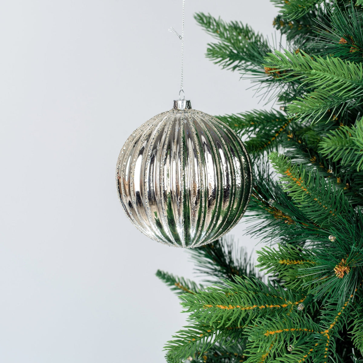 Silver Mirror Ribbed Ball Ornament