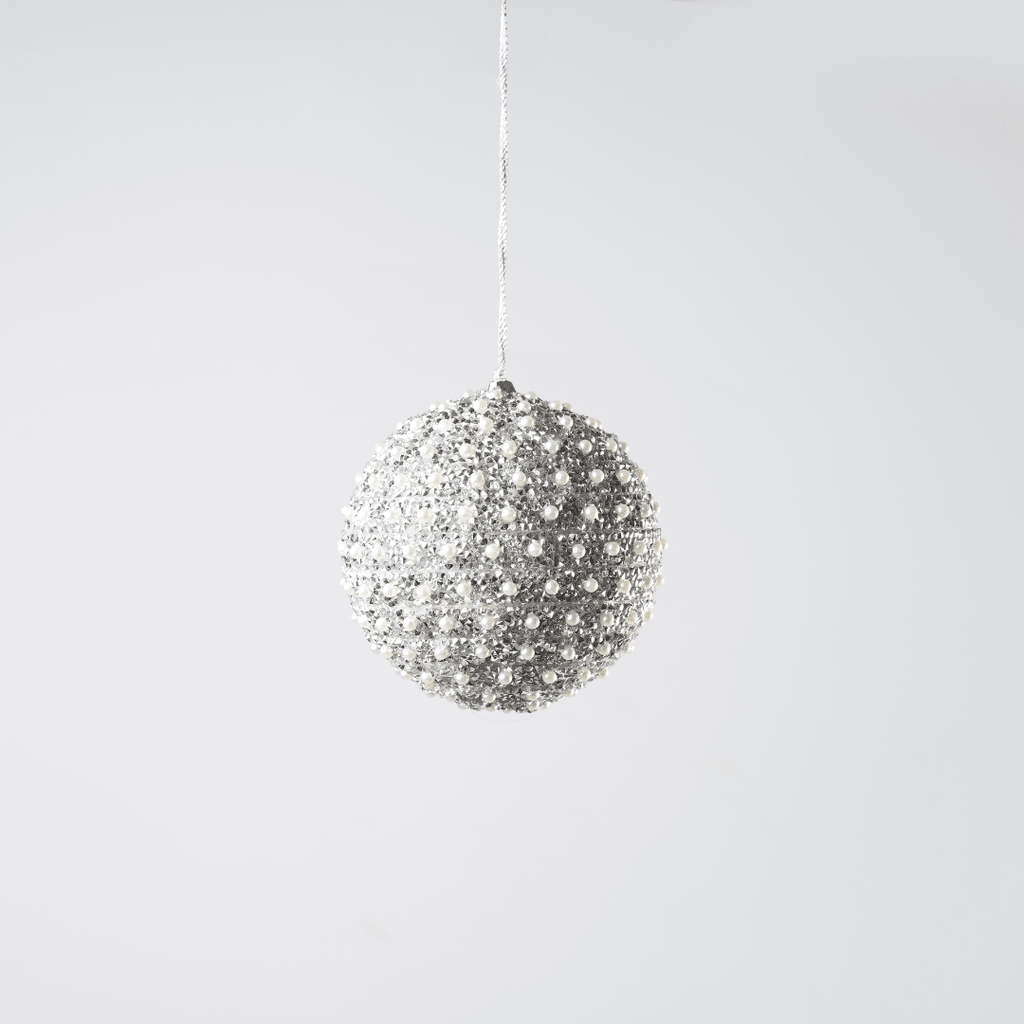 Silver Sequin & Pearl Ornament 4"