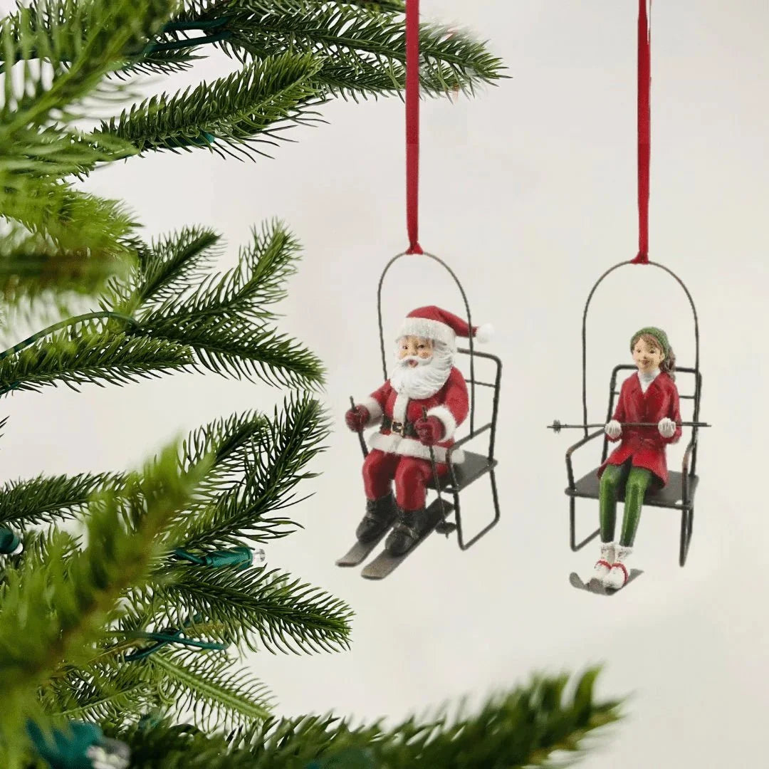 Skiing Girl & Skiing Santa Ornament Pair