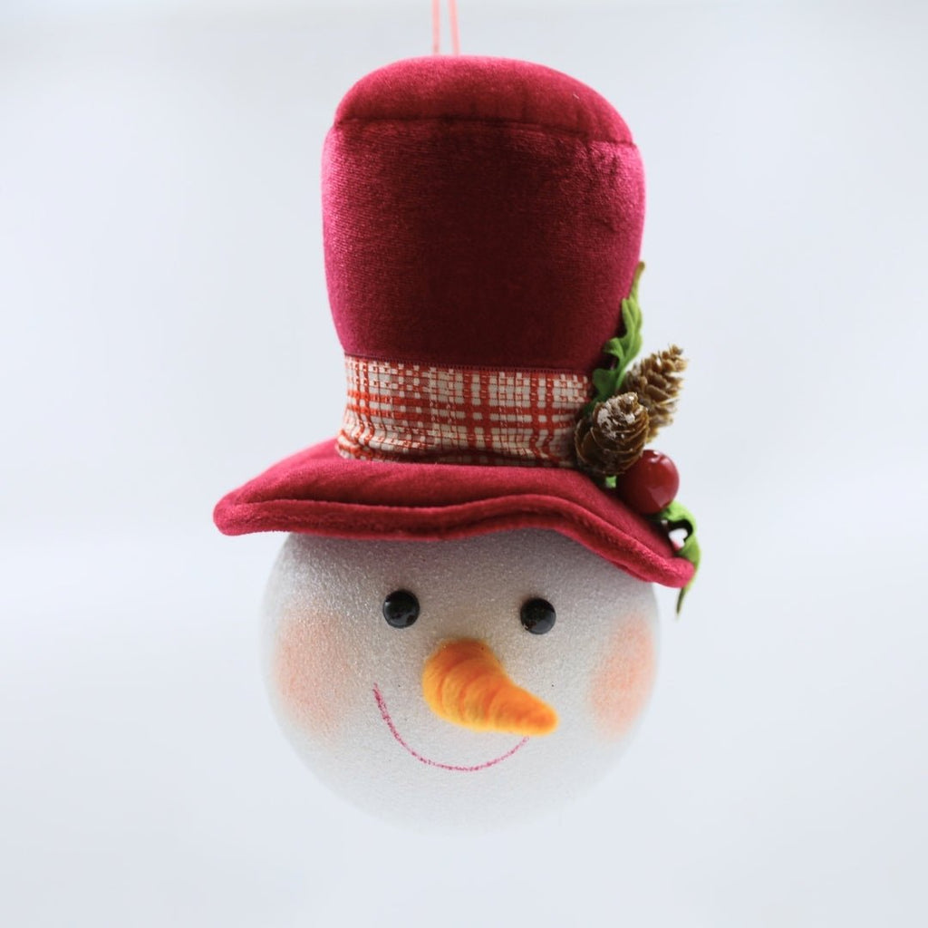 Snowman Head Ornament With Burgundy Holly Hat
