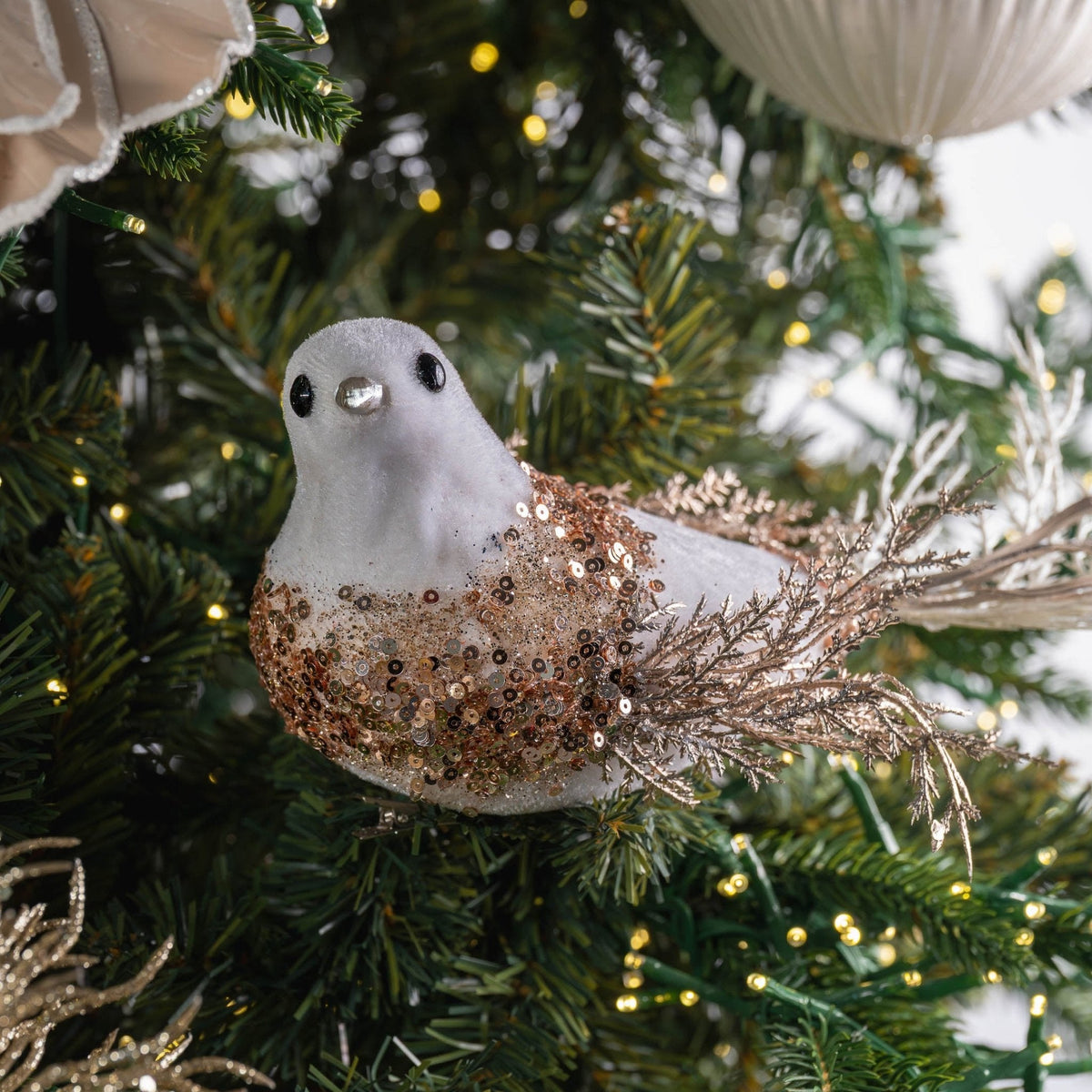 White Bird Ornament with Champagne Detailing