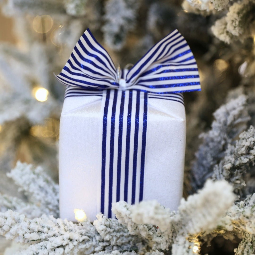 White Gift-Box Ornament With Striped Blue Ribbon